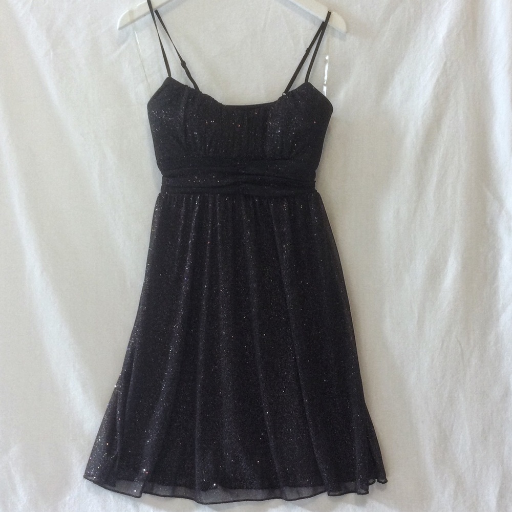Early 2000s - Black shimmer, tulle spaghetti-strap party dress! Size - Med